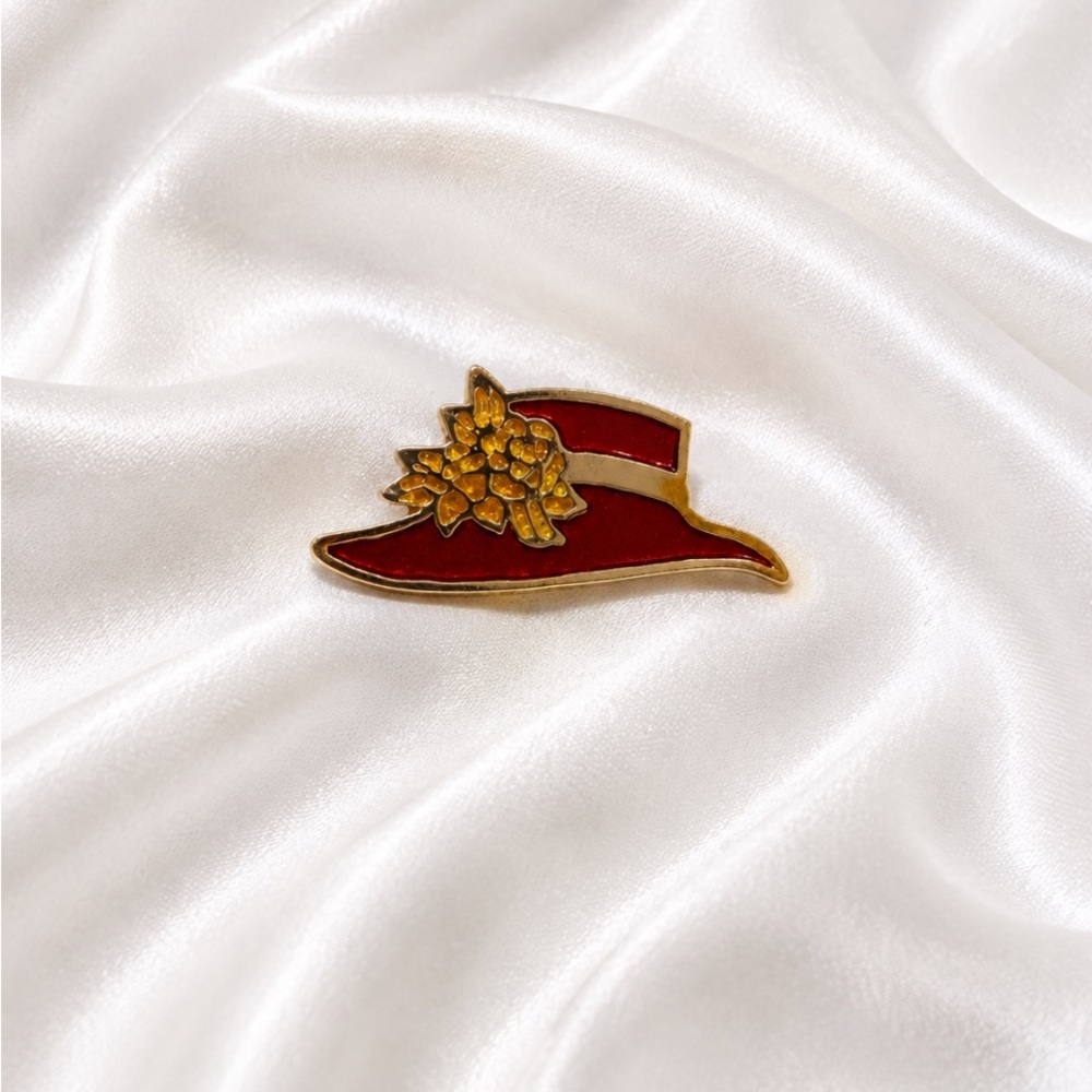 RED HAT SOCIETY Red Enamel Hat Pin Brooch with Gold Flower Accent 💥🆕💥